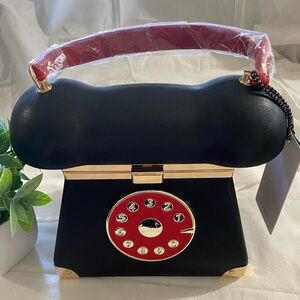 Crossbody Handbag Black and Red Telephone with Gold Accents